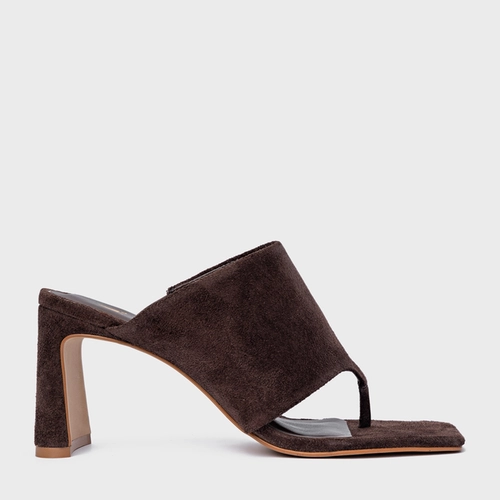 Open Mule Maxi Thong Salto Uno Couro Suede Marrom Ganache