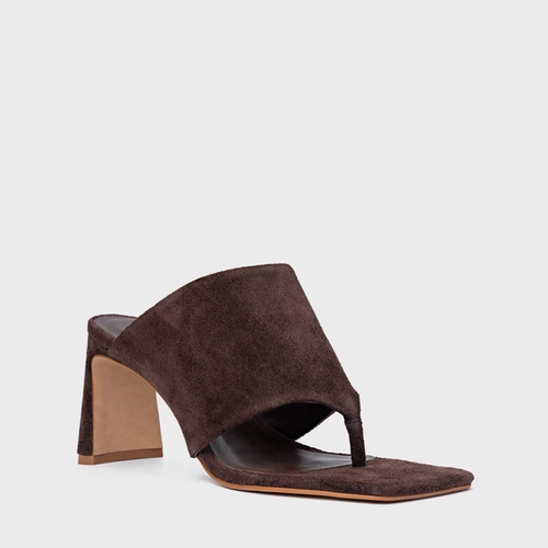 Open Mule Maxi Thong Salto Uno Couro Suede Marrom Ganache