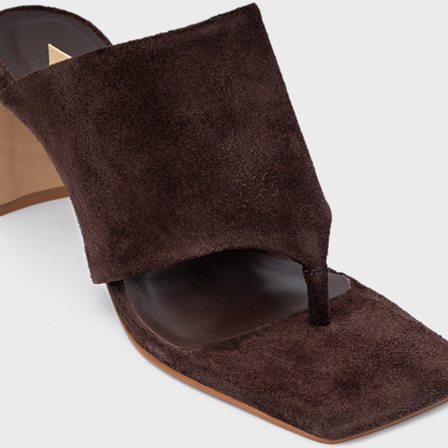 Open Mule Maxi Thong Salto Uno Couro Suede Marrom Ganache