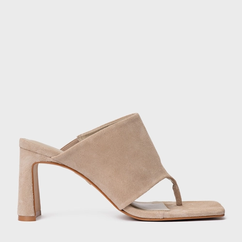 Open Mule Maxi Thong Salto Uno Couro Suede Bege Oatmeal
