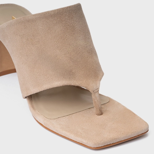 Open Mule Maxi Thong Salto Uno Couro Suede Bege Oatmeal