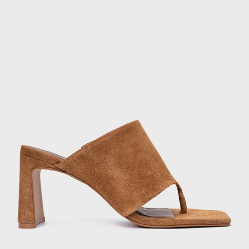 Open Mule Maxi Thong Salto Uno Couro Suede Marrom Saddle