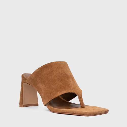 Open Mule Maxi Thong Salto Uno Couro Suede Marrom Saddle