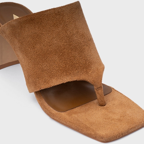 Open Mule Maxi Thong Salto Uno Couro Suede Marrom Saddle