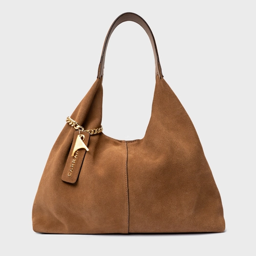 Bolsa Hobo Kendall Grande Couro Suede Marrom Saddle