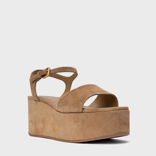 Sandália Timeless Plataforma Couro Suede Bege Almond