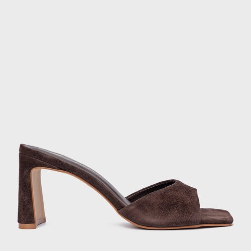 Open Mule Timeless Salto Uno Couro Suede Marrom Ganache