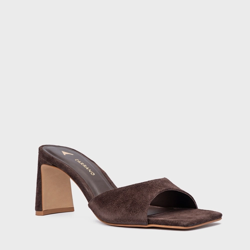Open Mule Timeless Salto Uno Couro Suede Marrom Ganache