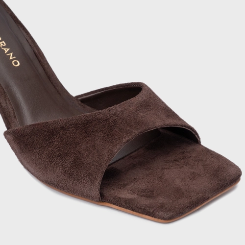 Open Mule Timeless Salto Uno Couro Suede Marrom Ganache