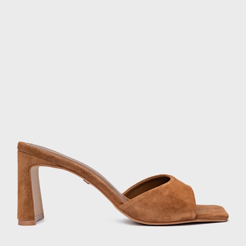 Open Mule Timeless Salto Uno Couro Suede Marrom Saddle