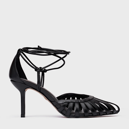 Scarpin Slingback Strappy Lace Up Salto Fino Couro Preto