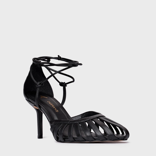 Scarpin Slingback Strappy Lace Up Salto Fino Couro Preto