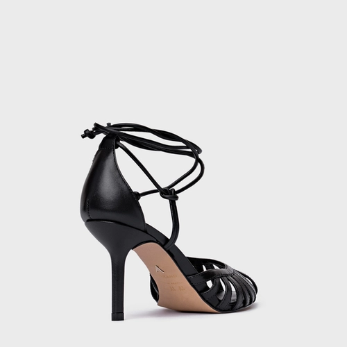 Scarpin Slingback Strappy Lace Up Salto Fino Couro Preto