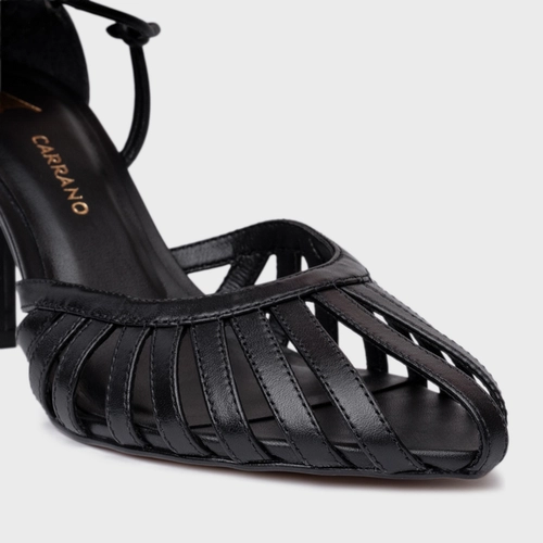 Scarpin Slingback Strappy Lace Up Salto Fino Couro Preto