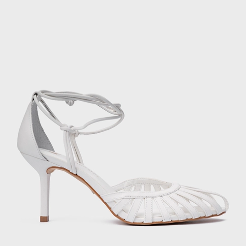 Scarpin Slingback Strappy Lace Up Salto Fino Couro Branco Blanc