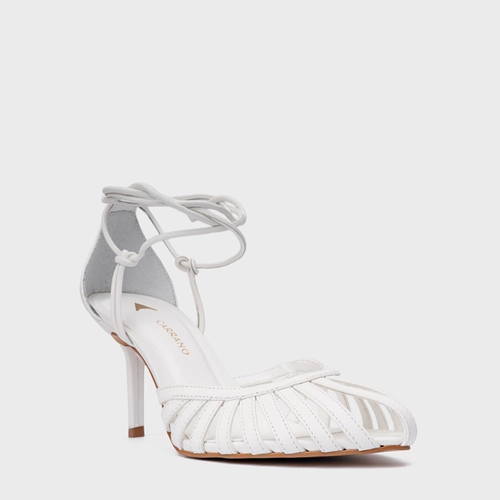 Scarpin Slingback Strappy Lace Up Salto Fino Couro Branco Blanc