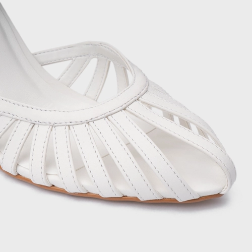 Scarpin Slingback Strappy Lace Up Salto Fino Couro Branco Blanc