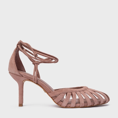 Scarpin Slingback Strappy Lace Up Salto Fino Couro Suede Rosa Ballet