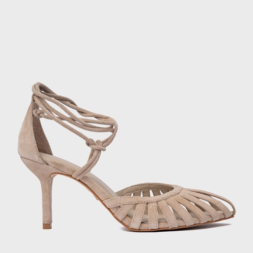 Scarpin Slingback Strappy Lace Up Salto Fino Couro Suede Bege Oatmeal