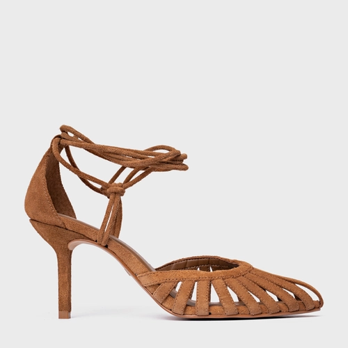 Scarpin Slingback Strappy Lace Up Salto Fino Couro Suede Marrom Saddle