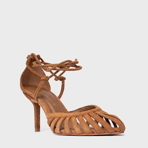 Scarpin Slingback Strappy Lace Up Salto Fino Couro Suede Marrom Saddle