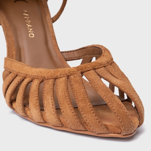 Scarpin Slingback Strappy Lace Up Salto Fino Couro Suede Marrom Saddle