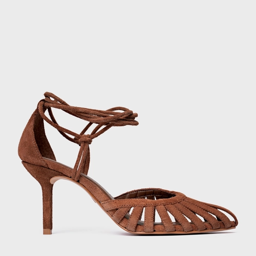 Scarpin Slingback Strappy Lace Up Salto Fino Couro Suede Marrom Walnut