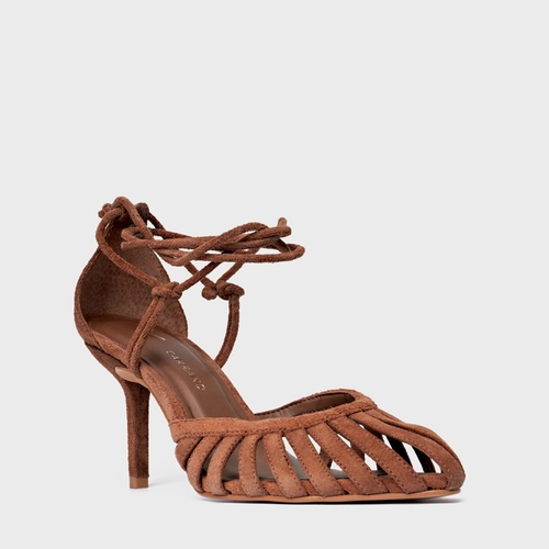 Scarpin Slingback Strappy Lace Up Salto Fino Couro Suede Marrom Walnut