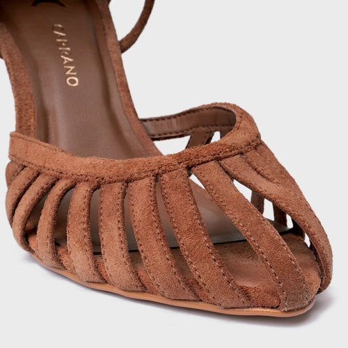 Scarpin Slingback Strappy Lace Up Salto Fino Couro Suede Marrom Walnut