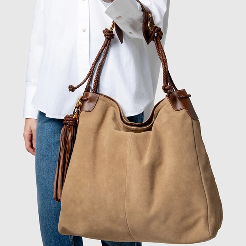 Bolsa Hobo Carrano + A.mar Grande Couro Suede Bege Almond