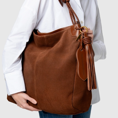 Bolsa Hobo Carrano + A.mar Grande Couro Suede Marrom Walnut