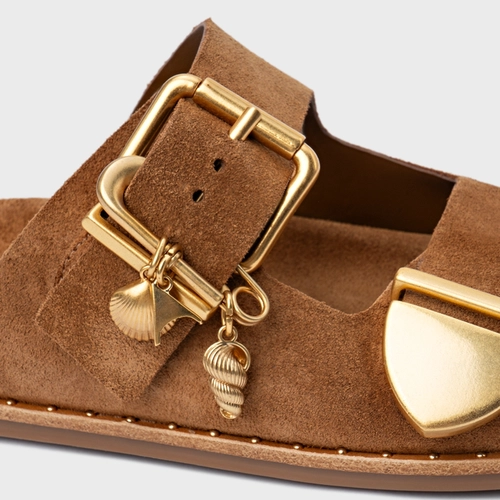 Rasteira Birken Carrano + A.mar Couro Suede Marrom Saddle
