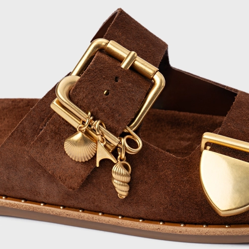 Rasteira Birken Carrano + A.mar Couro Suede Marrom Walnut