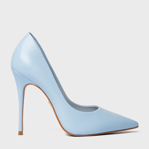 Scarpin Loretta Salto Fino Couro Azul Washed Sky