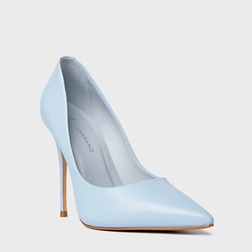 Scarpin Loretta Salto Fino Couro Azul Washed Sky