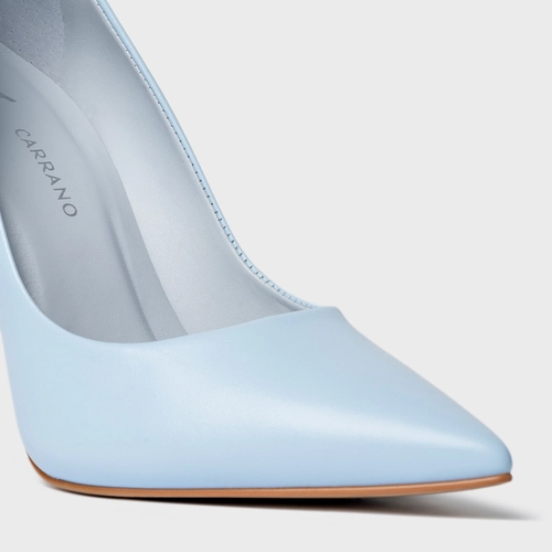 Scarpin Loretta Salto Fino Couro Azul Washed Sky
