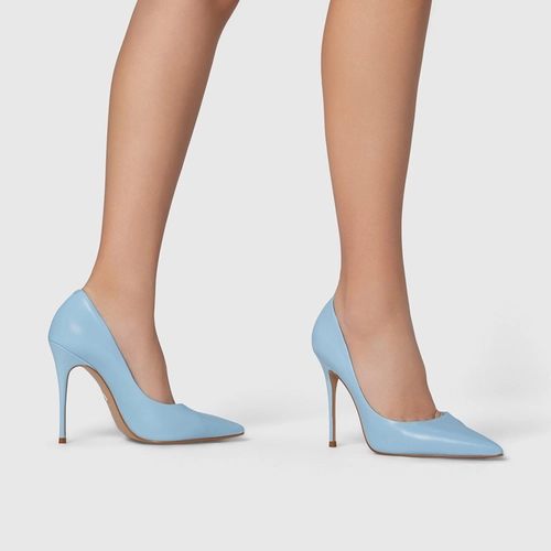 Scarpin Loretta Salto Fino Couro Soft Azul Washed Sky