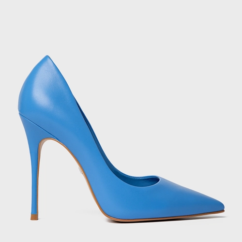 Scarpin Loretta Salto Fino Couro Azul Bleu
