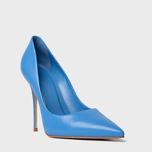 Scarpin Loretta Salto Fino Couro Azul Bleu