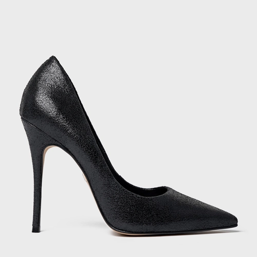 Scarpin Loretta Salto Fino Couro Crack Preto