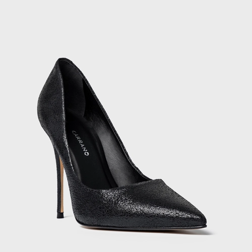 Scarpin Loretta Salto Fino Couro Crack Preto