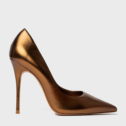 Scarpin Loretta Salto Fino Couro Metalizado Bronze