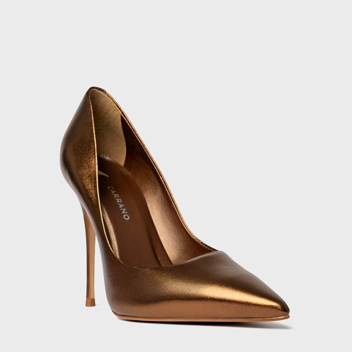 Scarpin Loretta Salto Fino Couro Metalizado Bronze