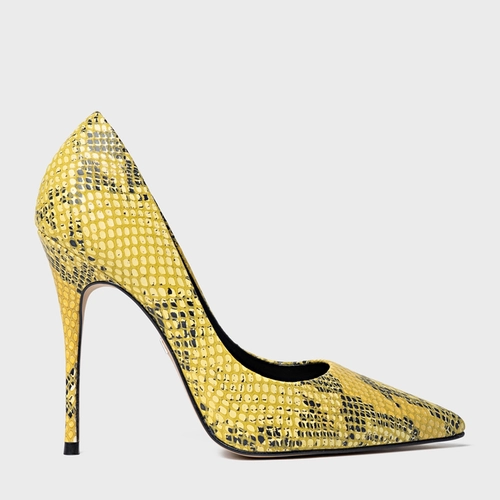 Scarpin Loretta Salto Fino Couro Snake Amarelo Daisy