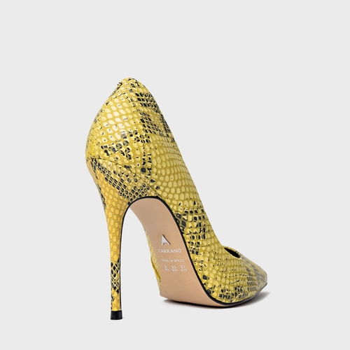 Scarpin Loretta Salto Fino Couro Snake Amarelo Daisy