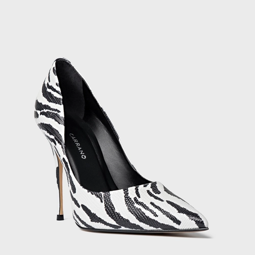 Scarpin Loretta Salto Fino Couro Animal Print Branco