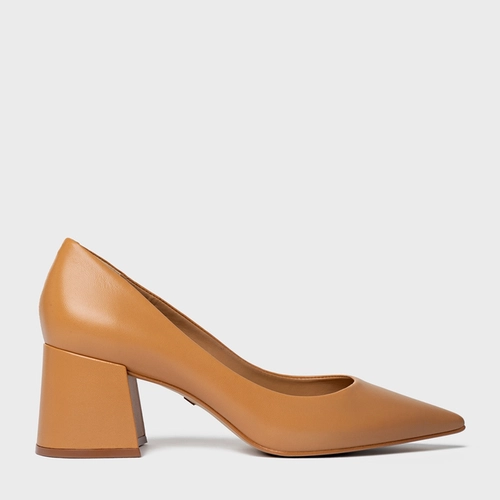 Scarpin Lauren Salto Bloco Couro Marrom Camel