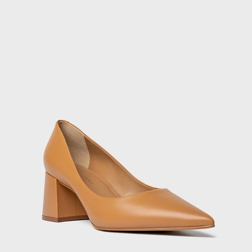 Scarpin Lauren Salto Bloco Couro Marrom Camel