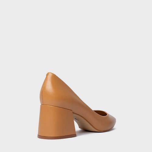 Scarpin Lauren Salto Bloco Couro Marrom Camel