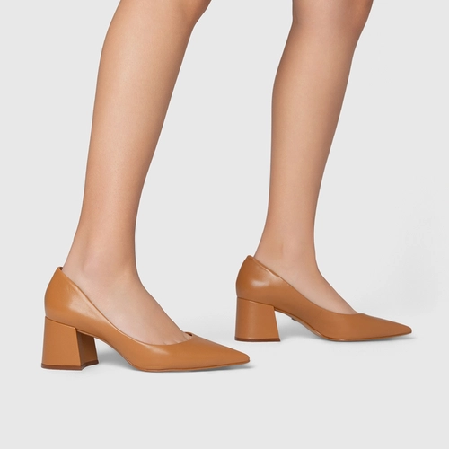 Scarpin Lauren Salto Bloco Couro Marrom Camel